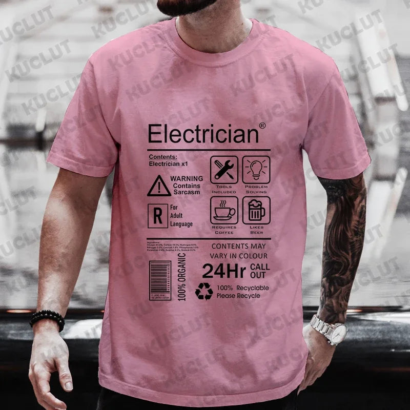 Fashion Summer Men O-Neck Tees Shirt Funny Electrician Package Care Instructions Print T-shirts Electrical Engineer Design Tops