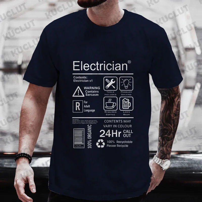 Fashion Summer Men O-Neck Tees Shirt Funny Electrician Package Care Instructions Print T-shirts Electrical Engineer Design Tops