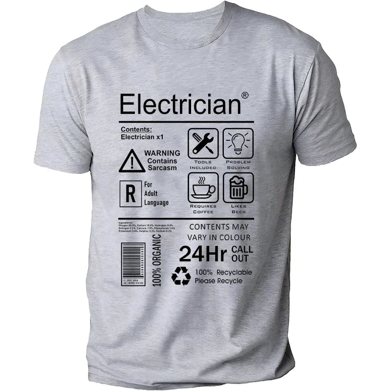 Fashion Summer Men O-Neck Tees Shirt Funny Electrician Package Care Instructions Print T-shirts Electrical Engineer Design Tops