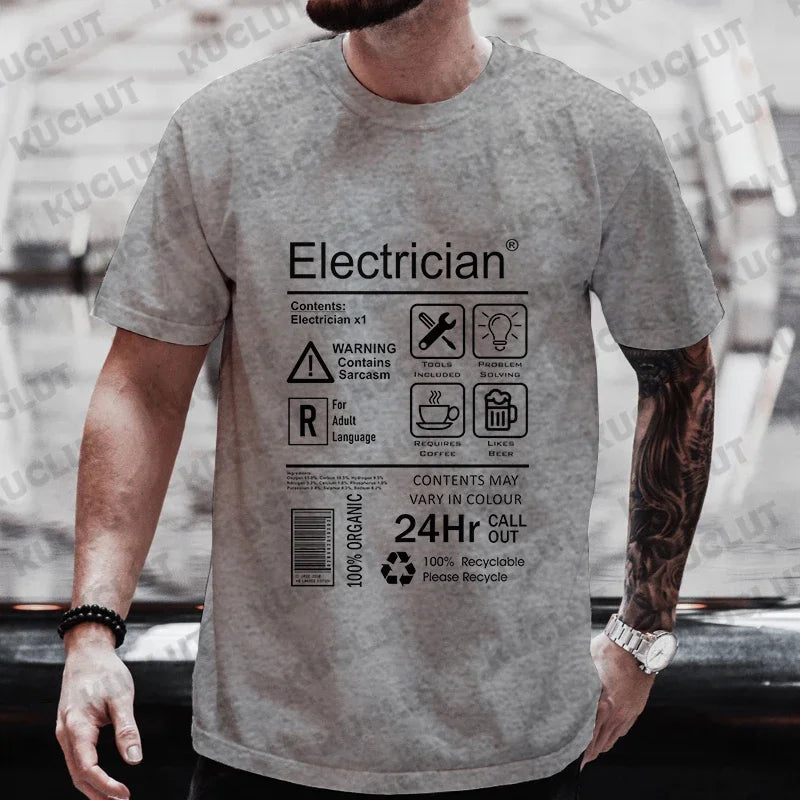 Fashion Summer Men O-Neck Tees Shirt Funny Electrician Package Care Instructions Print T-shirts Electrical Engineer Design Tops